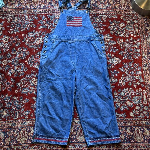 Agapo Pants - Agapo 90s Women Denim Overalls American Flag Blue Jean USA Embroidered M VTG